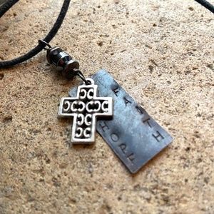 Gunmetal Tag "Hope Faith" Necklace w/Silver Cross